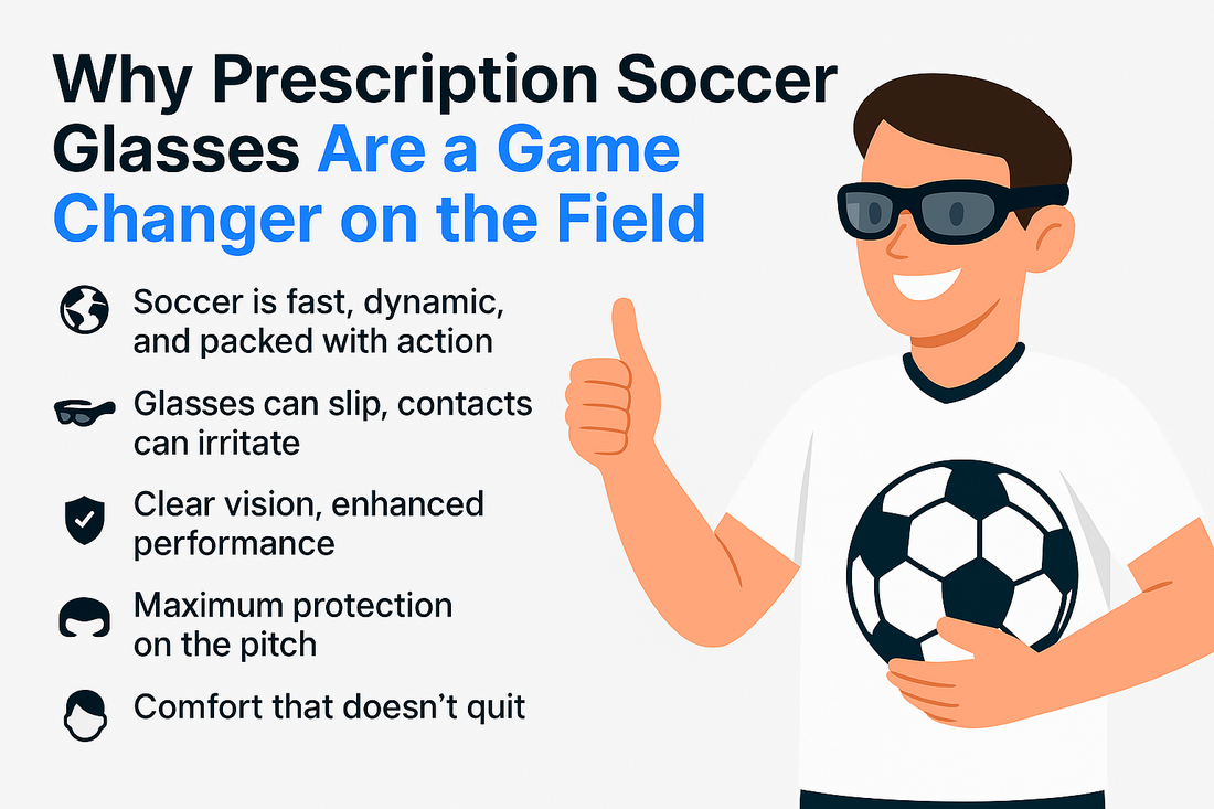 Illustration highlighting the benefits of prescription soccer glasses with a player holding a soccer ball and giving a thumbs-up.