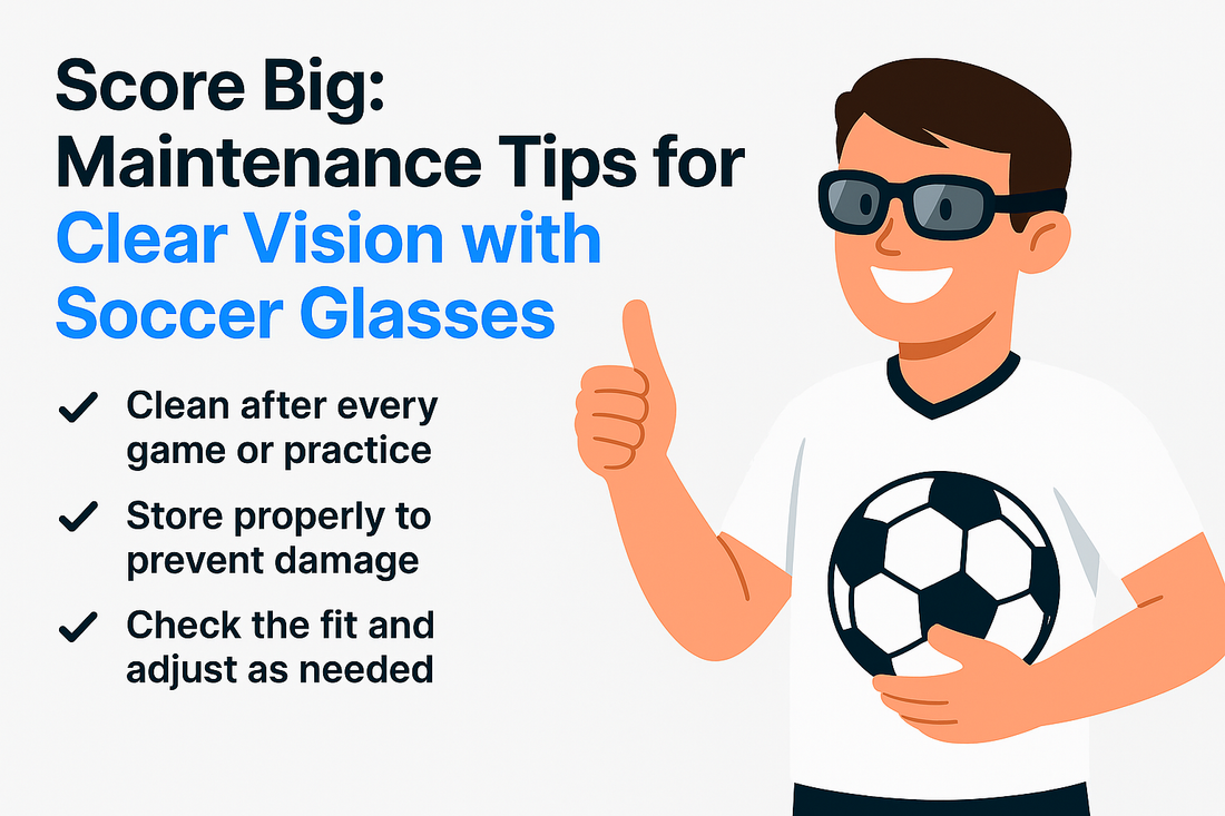 Illustration of a person in sunglasses holding a soccer ball with tips for maintaining soccer glasses.