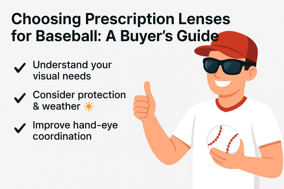 A smiling person in sunglasses gives a thumbs up while holding a baseball, next to tips for choosing prescription lenses for baseball.
