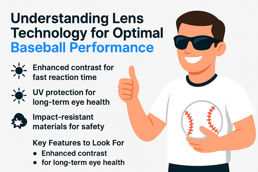 An illustration of a person in sunglasses giving a thumbs-up, with text about lens technology for baseball performance.