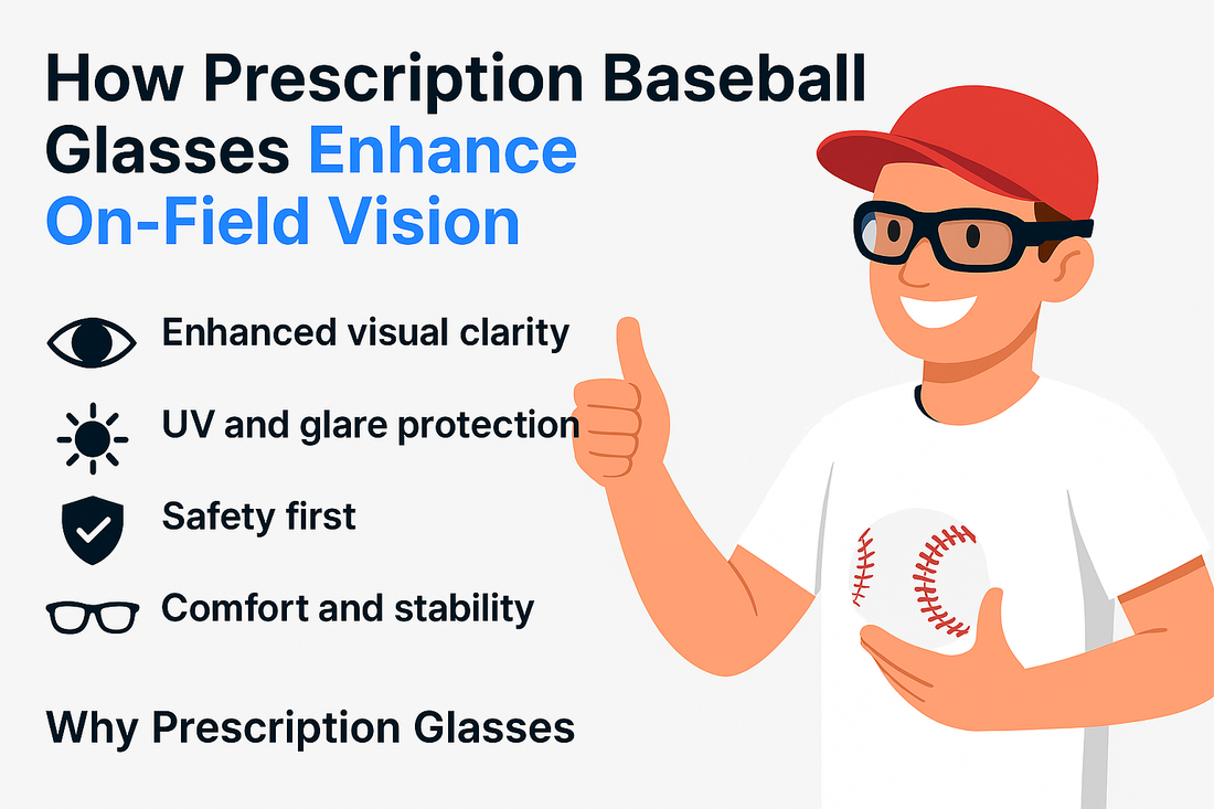 Illustration of a baseball player wearing prescription glasses, highlighting benefits like enhanced visual clarity and UV protection.