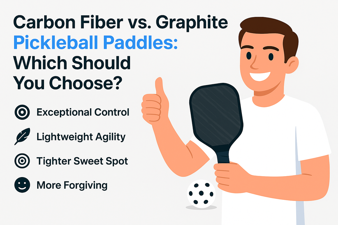 Illustration comparing carbon fiber and graphite pickleball paddles with a person holding a paddle and giving a thumbs up.