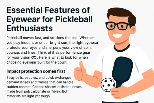 Illustration of a person with glasses holding a pickleball paddle and ball, next to text about essential eyewear features for pickleball.
