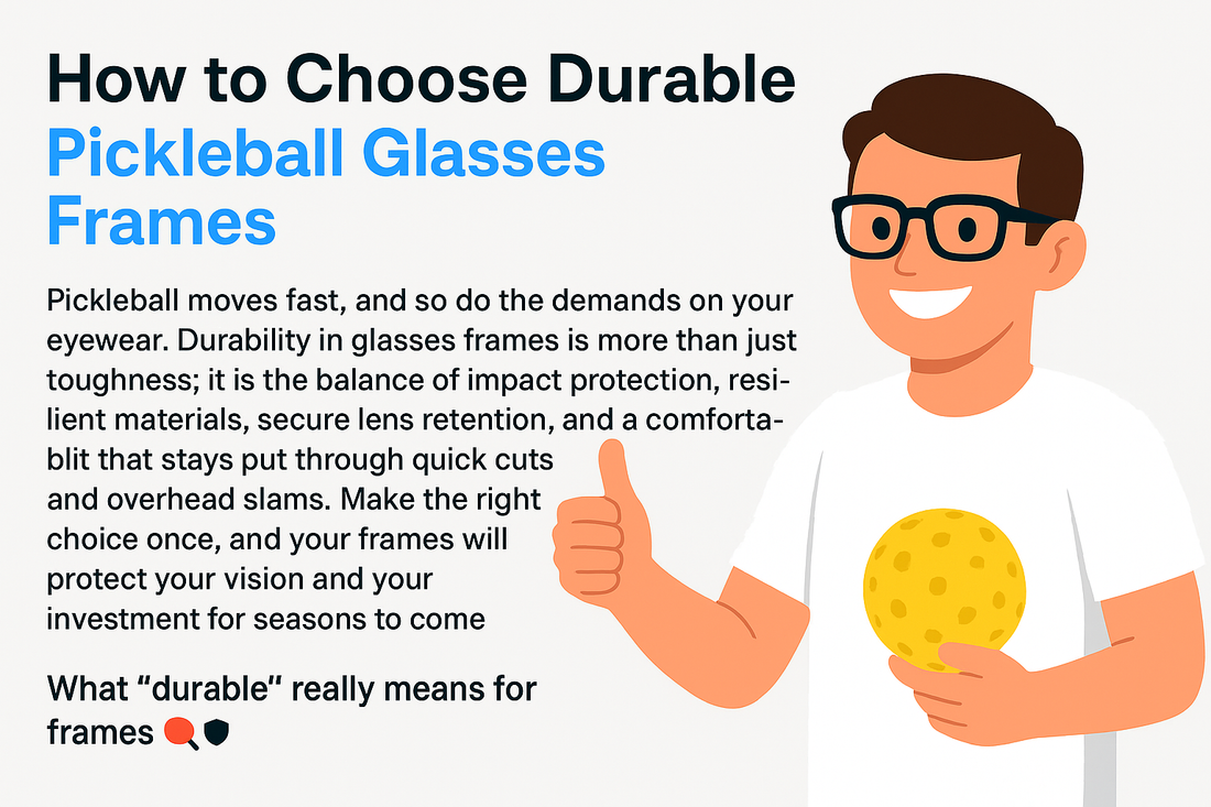 Illustrated guide on choosing durable pickleball glasses frames with a smiling person holding a pickleball and giving a thumbs-up.