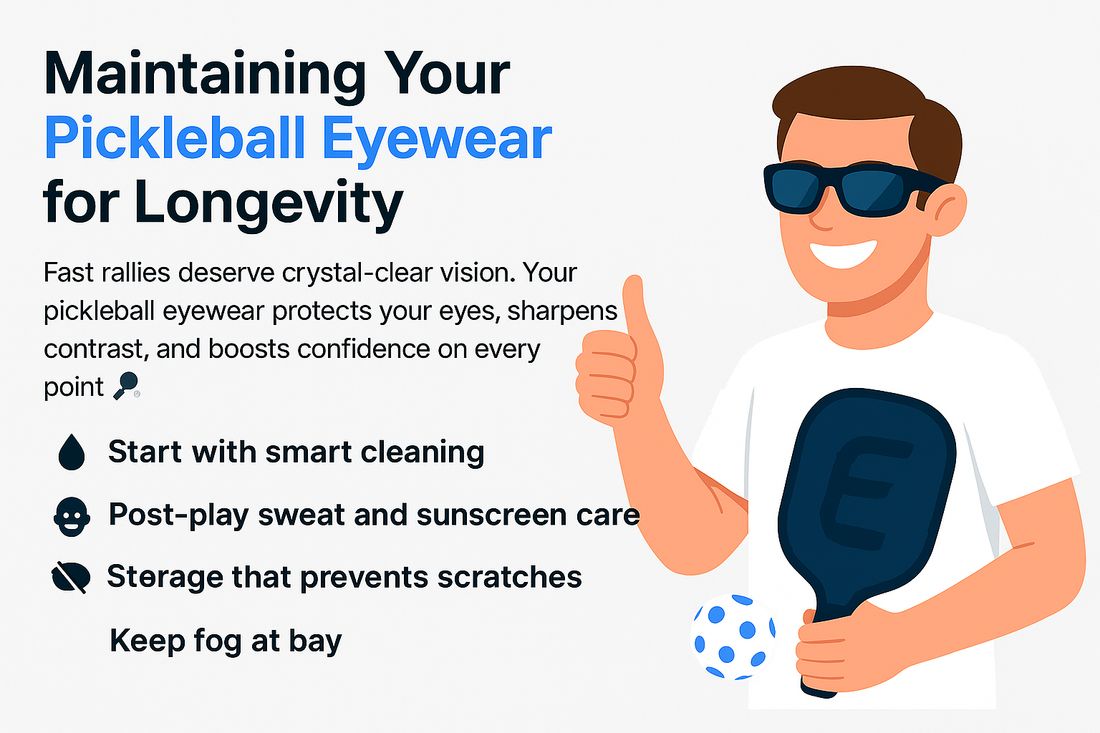Illustration of a person with sunglasses holding a pickleball paddle and giving a thumbs up, next to pickleball eyewear maintenance tips.