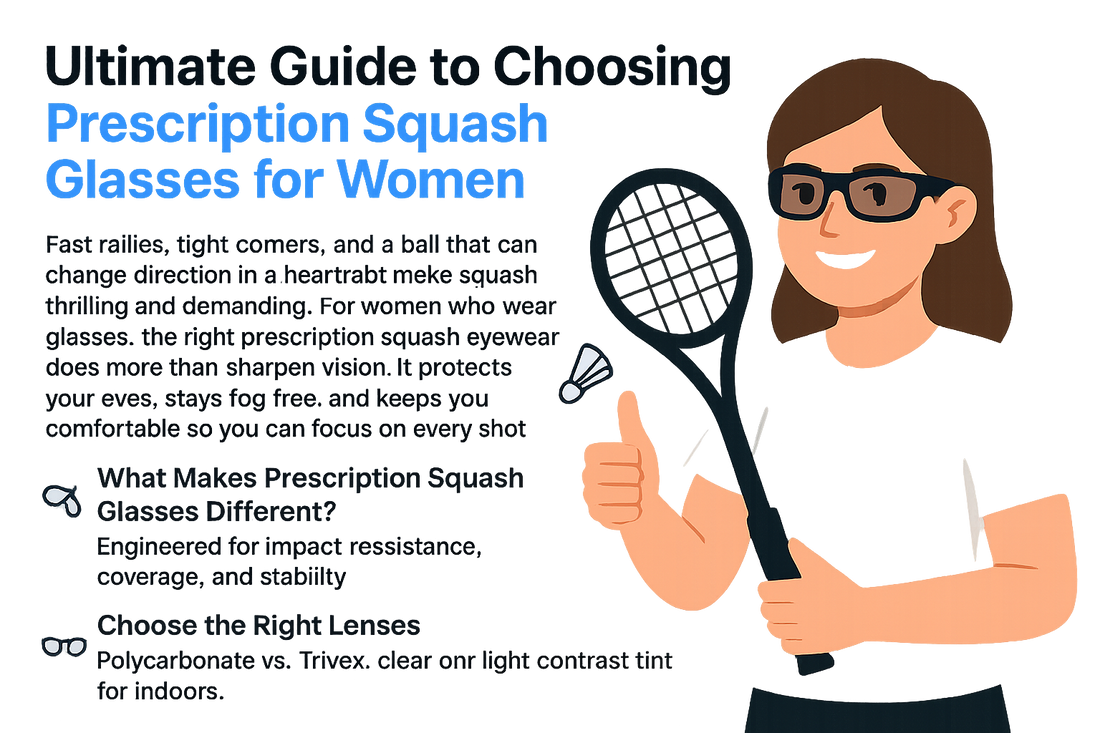 Illustration of a woman with glasses holding a squash racket, accompanied by text about prescription squash glasses for women.