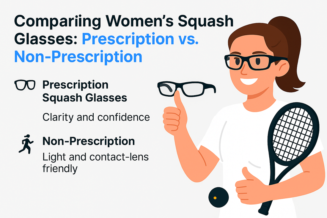 Illustration comparing prescription and non-prescription women's squash glasses, featuring a player holding a racket.