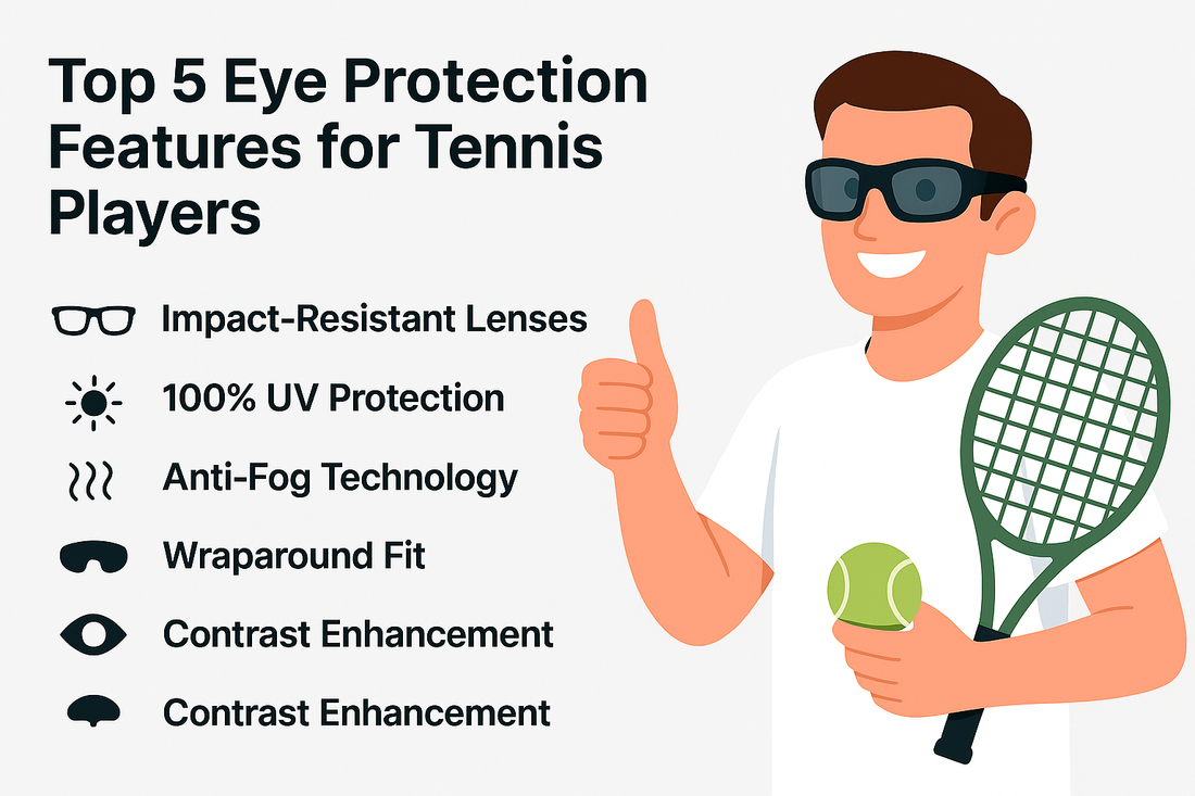 Illustration of a tennis player with sunglasses holding a racquet and a ball, next to a list of eye protection features.