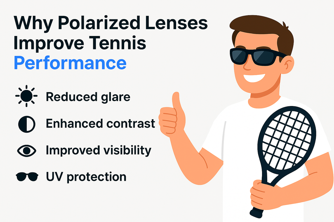 Illustration of a smiling person with sunglasses and a tennis racket, highlighting benefits of polarized lenses for tennis players.