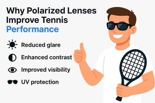 Illustration of a smiling person with sunglasses and a tennis racket, highlighting benefits of polarized lenses for tennis players.