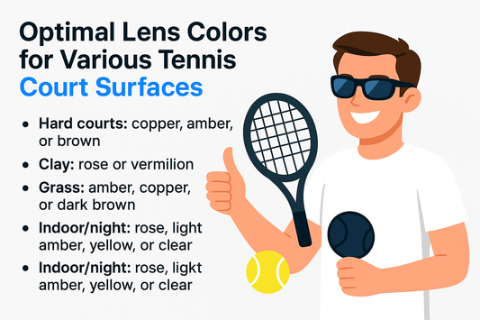 Illustration of a person holding a tennis racket, highlighting optimal lens colors for various tennis court surfaces.