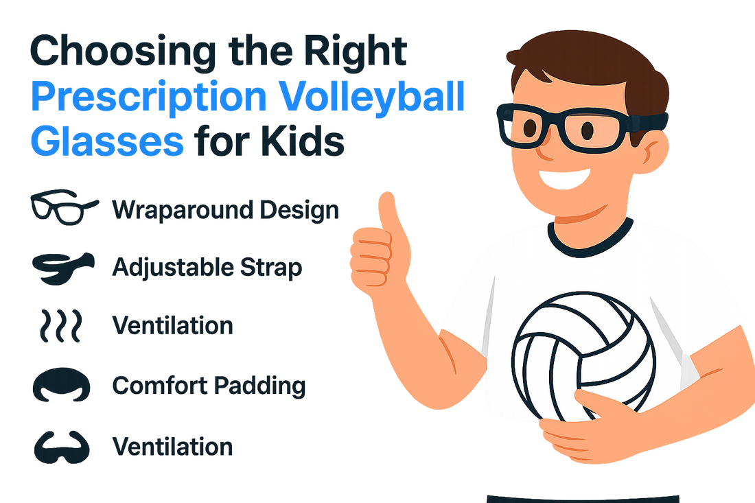 Illustrated guide on choosing prescription volleyball glasses for kids featuring a boy holding a volleyball.