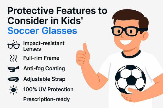 Illustration of a smiling kid wearing glasses and holding a soccer ball, with features of protective soccer glasses listed.