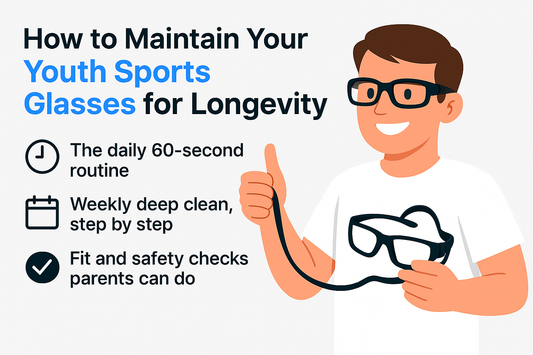 Illustration of a person holding sports glasses with tips on maintaining them.