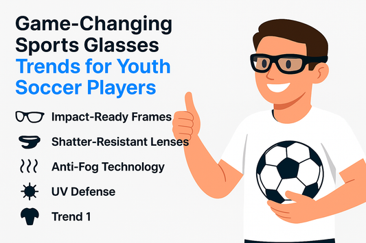 Illustration of a smiling child with glasses and a soccer ball shirt alongside text about sports glasses trends.