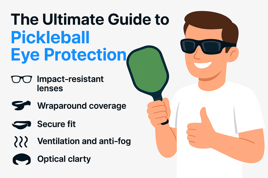Illustration of a person wearing sunglasses and holding a pickleball paddle, with text about eye protection features.