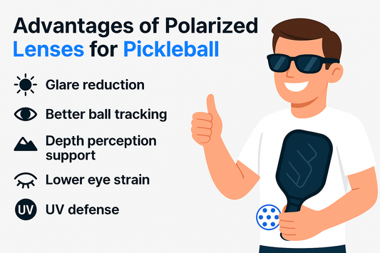 Illustration of a person with sunglasses holding a pickleball paddle, highlighting the benefits of polarized lenses for pickleball.