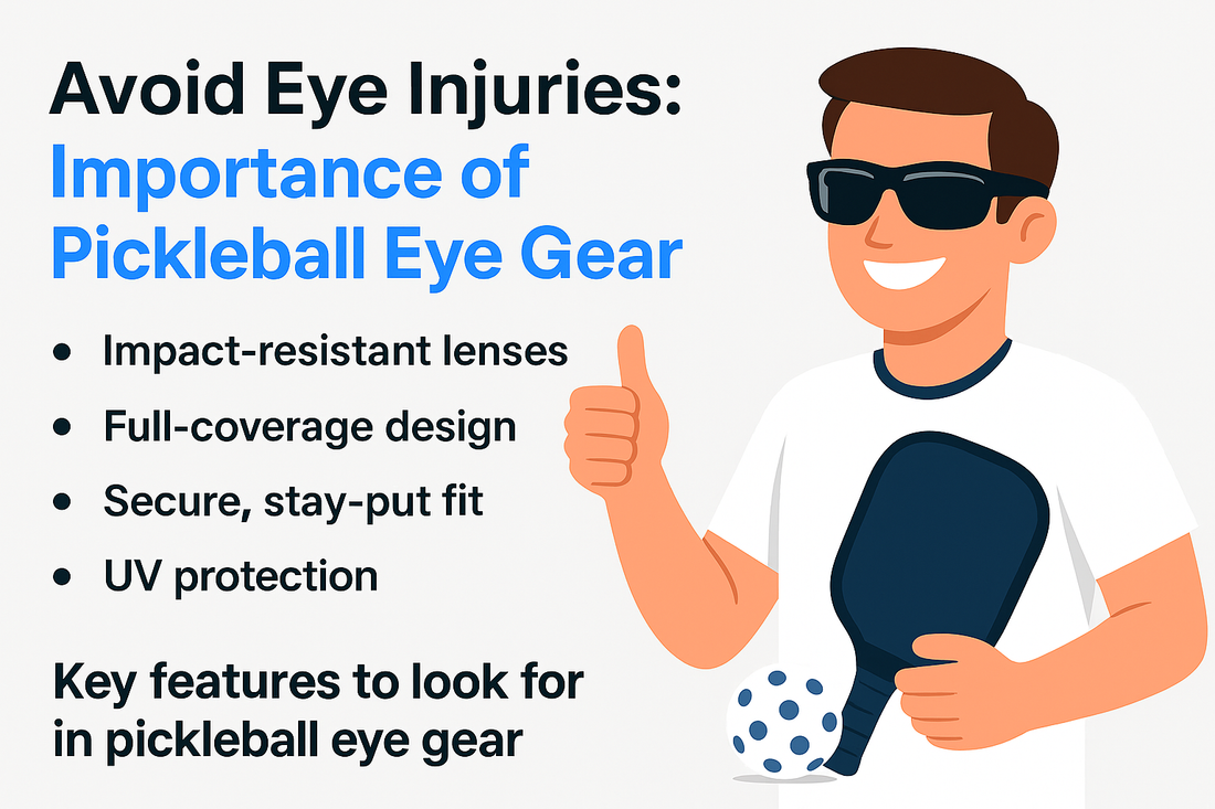 Illustration of a person emphasizing the importance of wearing pickleball eye gear with key features listed.