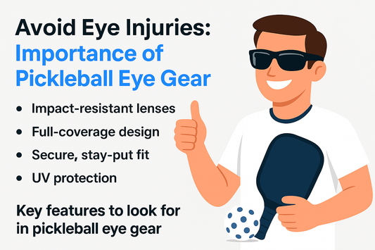 Illustration of a person emphasizing the importance of wearing pickleball eye gear with key features listed.