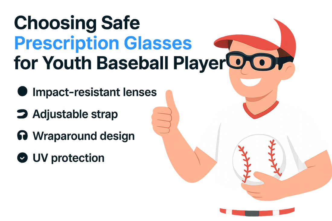 Illustration of a young baseball player in a cap wearing glasses and giving a thumbs up, with text detailing features of safe prescription glasses for youth.