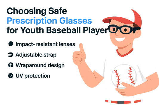 Illustration of a young baseball player in a cap wearing glasses and giving a thumbs up, with text detailing features of safe prescription glasses for youth.