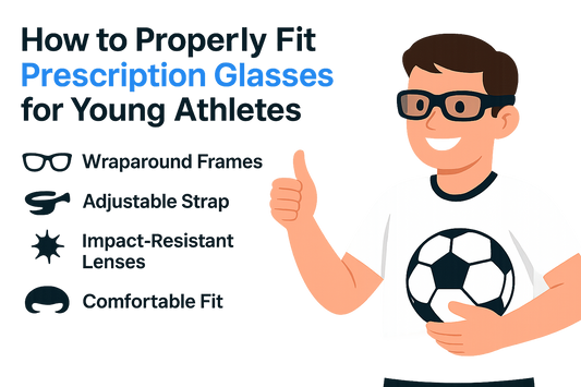 Illustration of a young athlete wearing glasses, holding a soccer ball, with text about fitting prescription glasses.