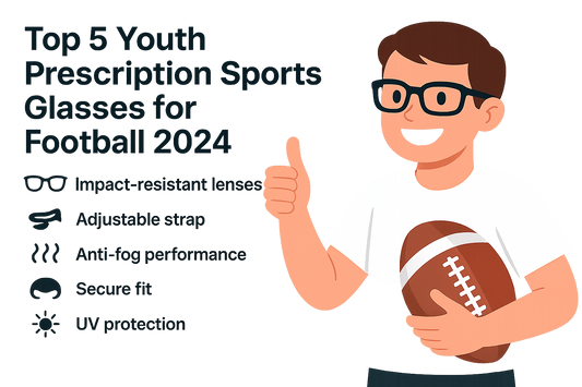 Illustration of a child with glasses holding a football and giving a thumbs up, featuring a list of benefits for youth prescription sports glasses.
