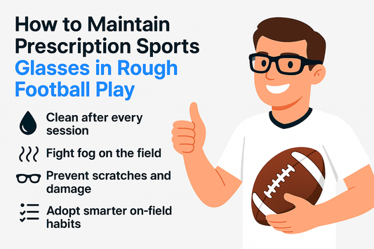 Cartoon of a person holding a football with tips for maintaining prescription sports glasses during rough football play.