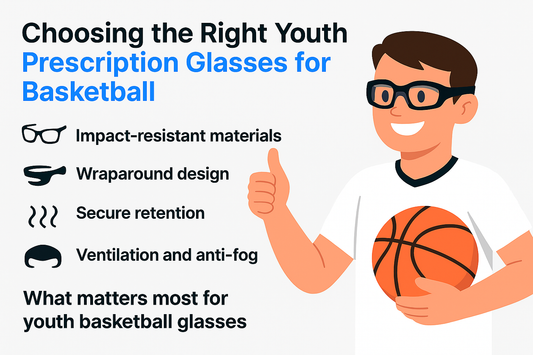 Illustration of a person with glasses holding a basketball, highlighting features of youth prescription glasses for basketball.