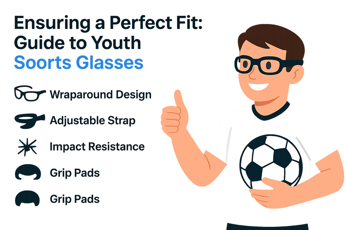Illustration of a child wearing sports glasses and holding a soccer ball, highlighting features like wraparound design and impact resistance.