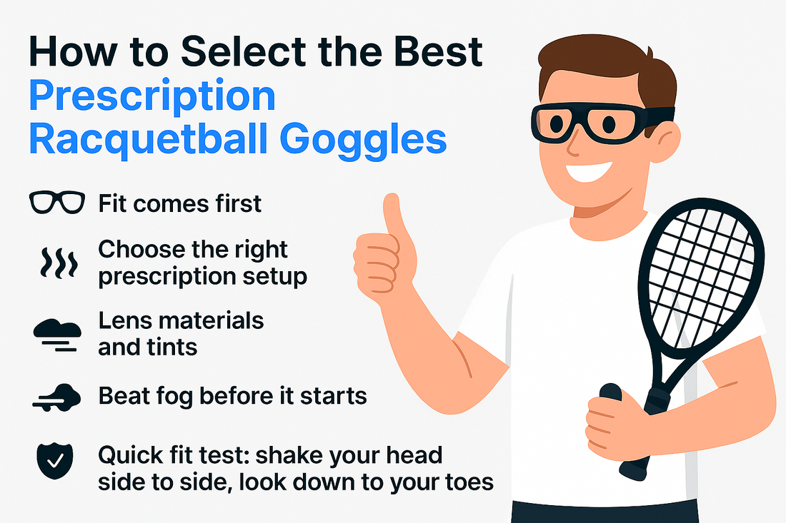 Illustrated guide on selecting the best prescription racquetball goggles with a smiling person holding a racquet.