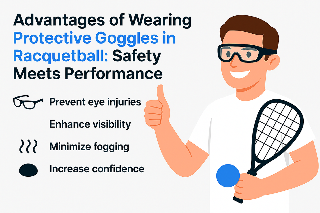 A cartoon person holding a racquet and ball gives a thumbs-up beside text promoting the benefits of wearing protective goggles in racquetball.