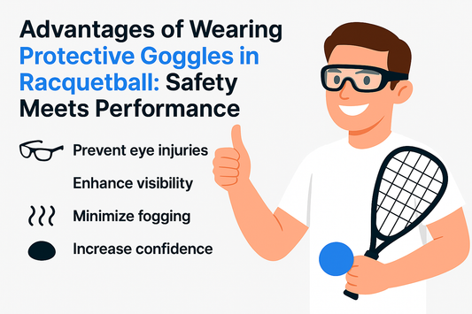 A cartoon person holding a racquet and ball gives a thumbs-up beside text promoting the benefits of wearing protective goggles in racquetball.