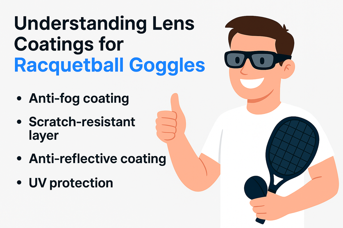 Illustration of a person with racquetball equipment and information on lens coatings for racquetball goggles.