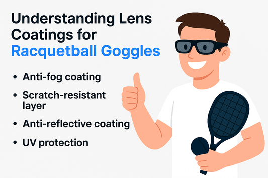 Illustration of a person with racquetball equipment and information on lens coatings for racquetball goggles.