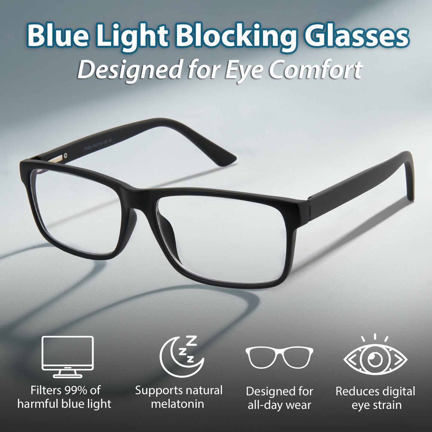 Black blue light blocking glasses with features listed on a gray background