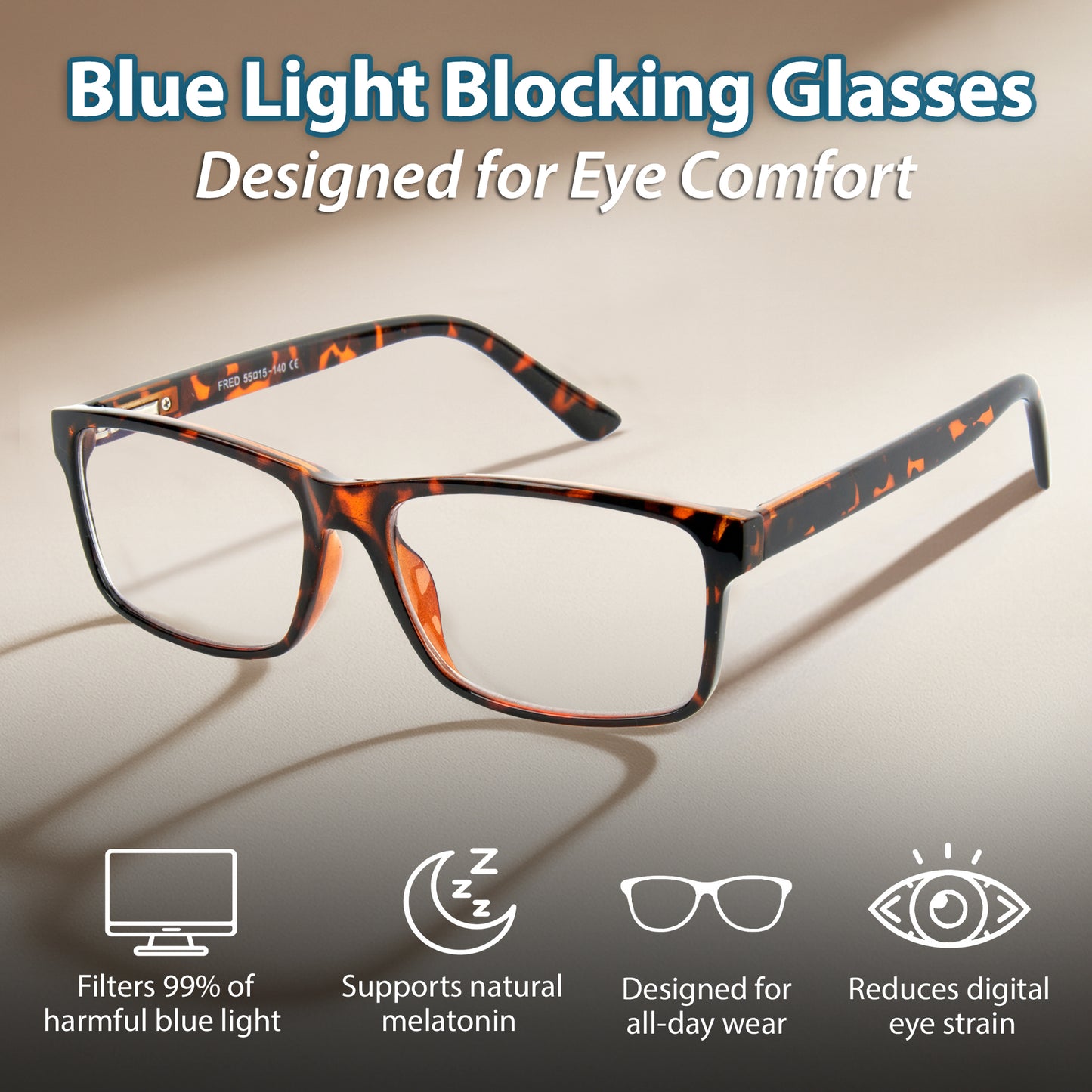 Blue light blocking glasses with features listed on a gradient background