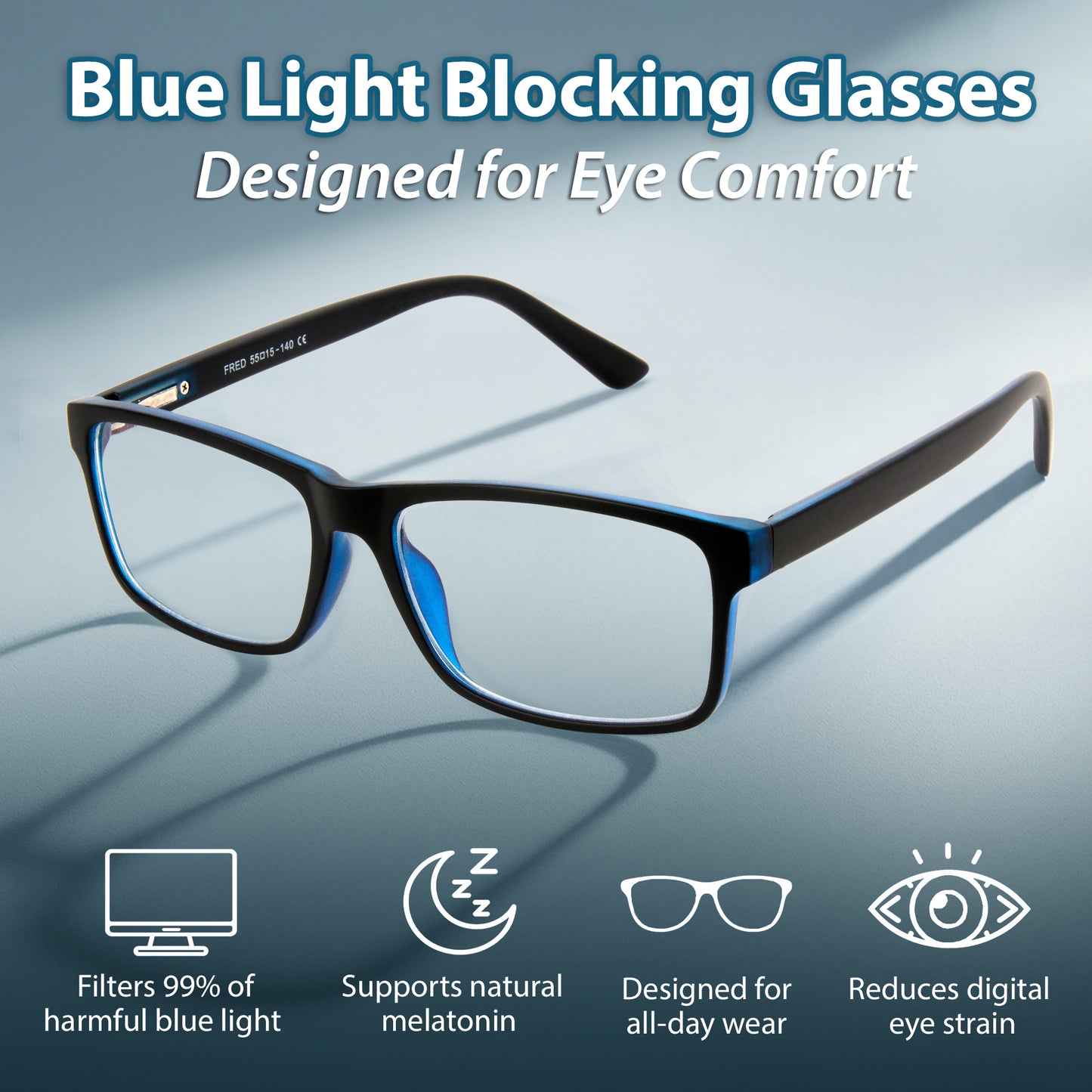 Blue light blocking glasses with features highlighted on a gradient blue background
