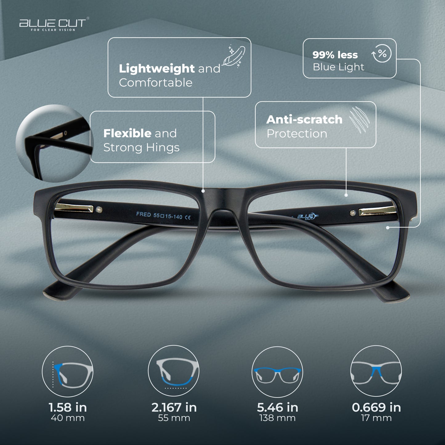 Black eyeglasses with features highlighted on a gray background