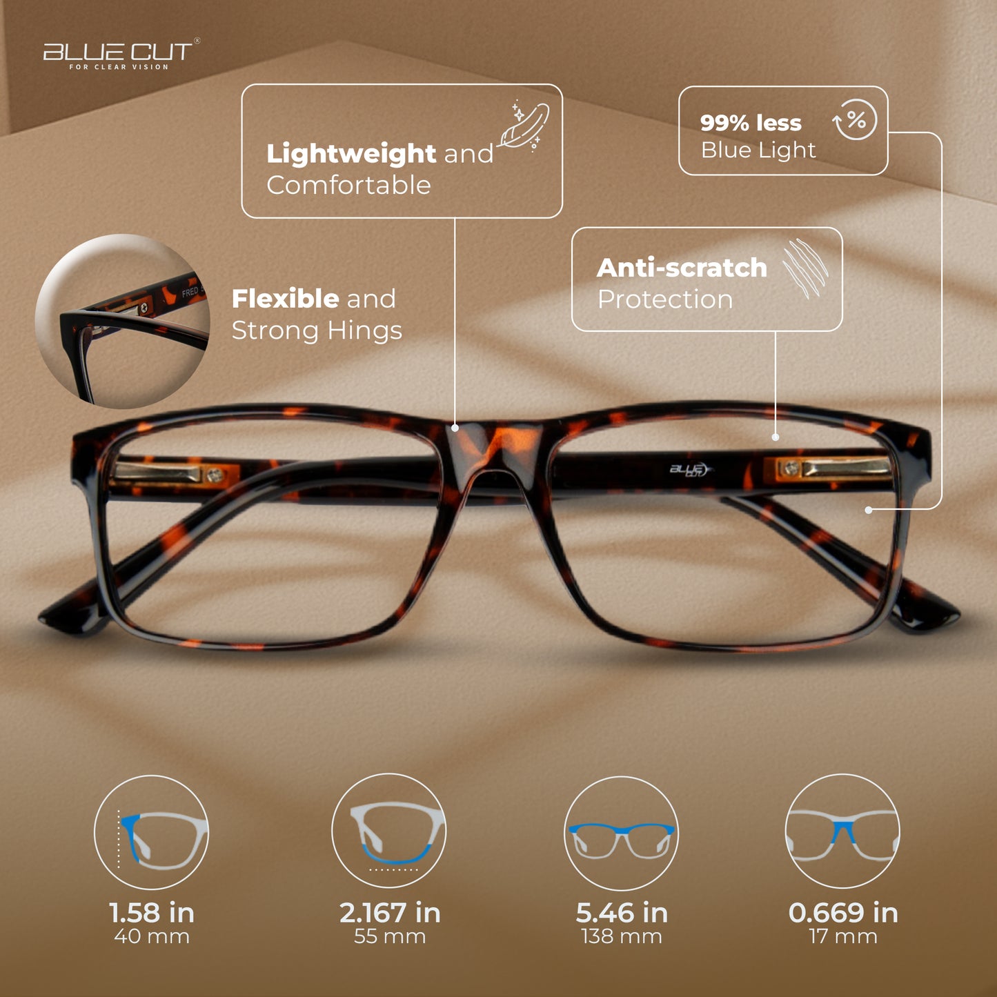 Tortoiseshell glasses with features highlighted on a beige background