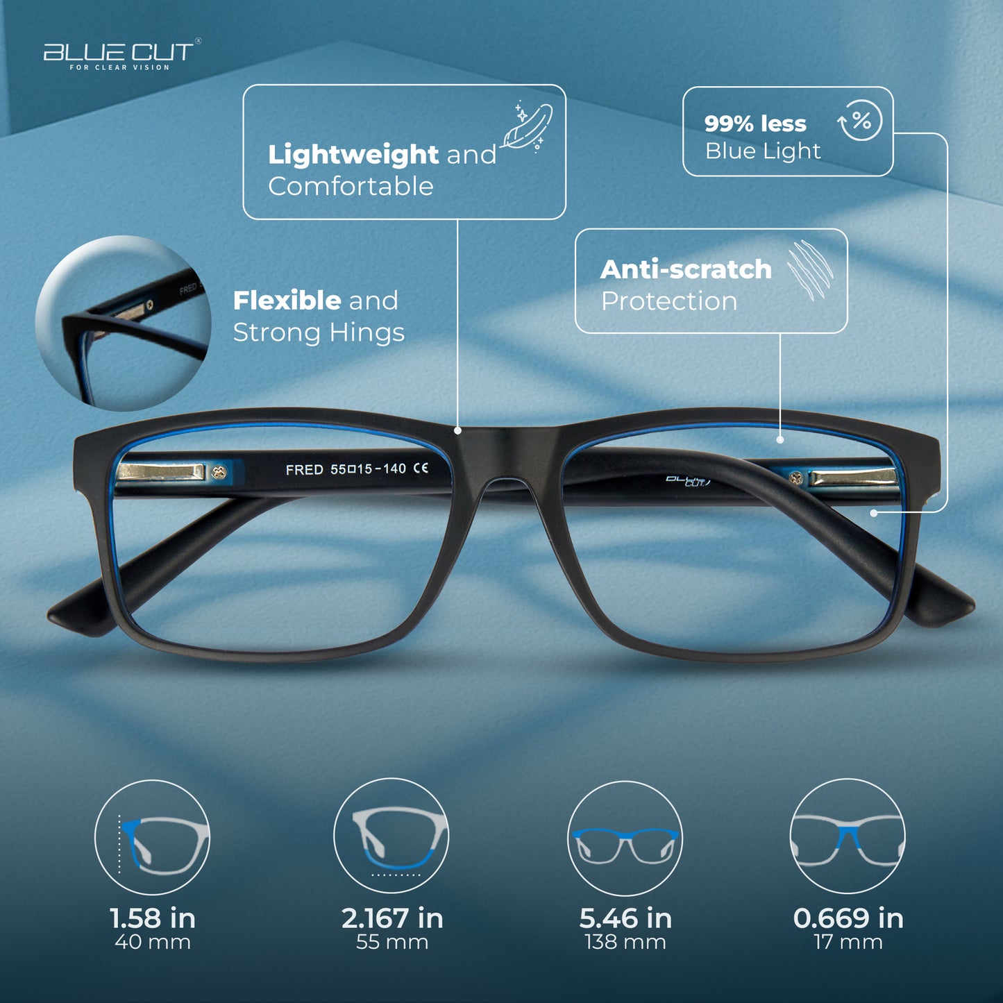 Black eyeglasses with features highlighted on a blue background