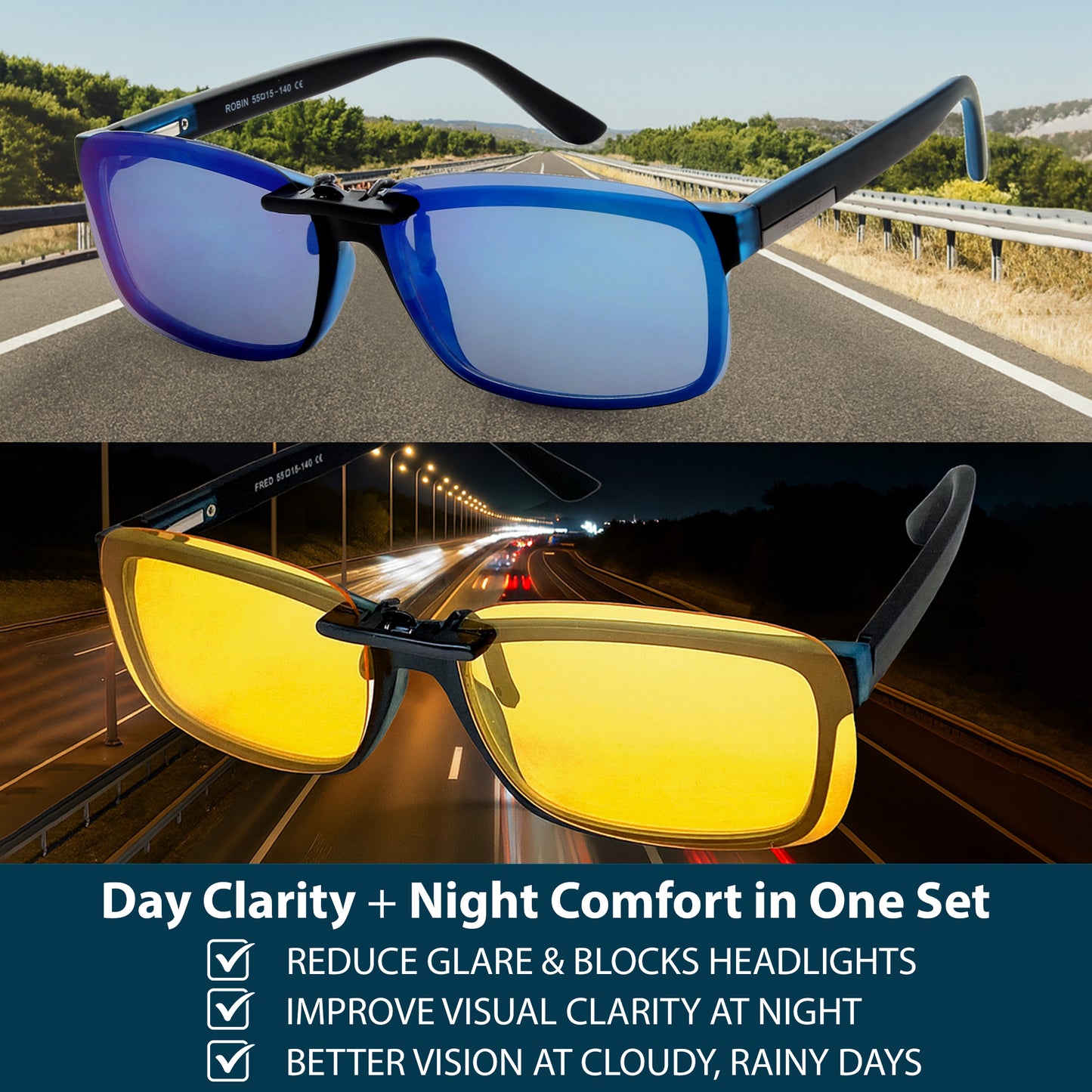 Clip on Polarized Night Vision 2pc blue-yellow