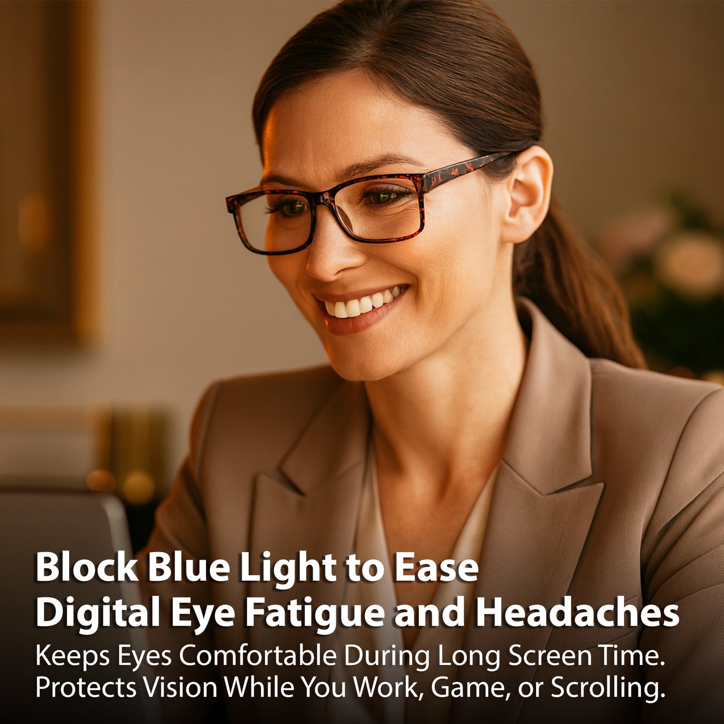 Woman wearing glasses with text about blocking blue light for eye health.