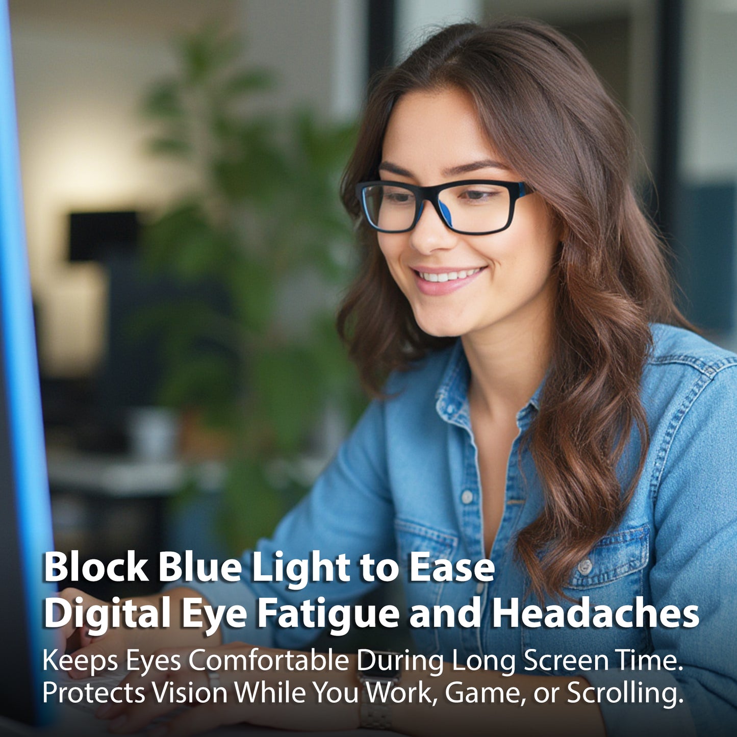 Woman wearing glasses looking at a computer screen with text about blocking blue light.