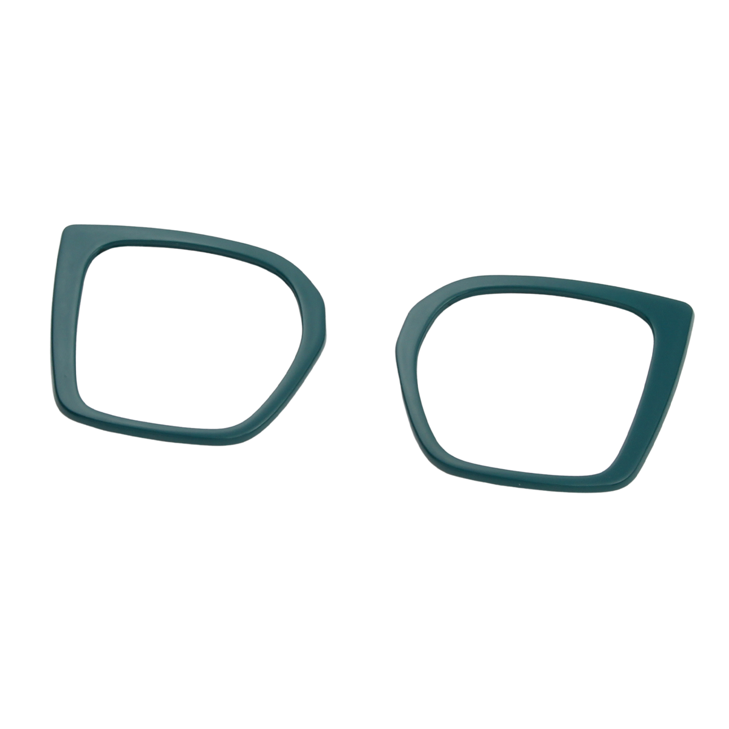 Two green eyeglass frames on a white background