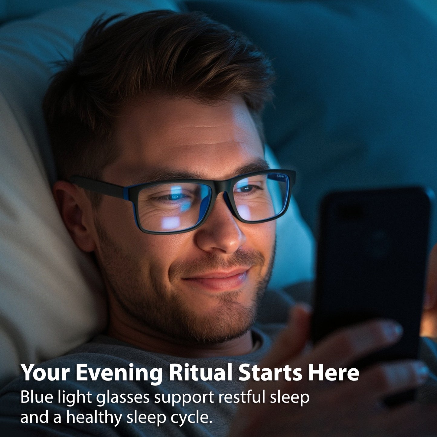 Man wearing glasses using a smartphone with text about blue light glasses and sleep.
