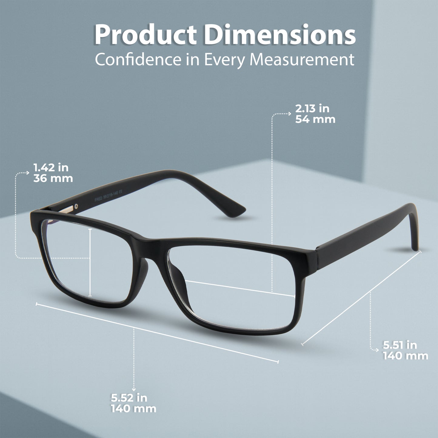 Black eyeglasses with measurements on a gray background