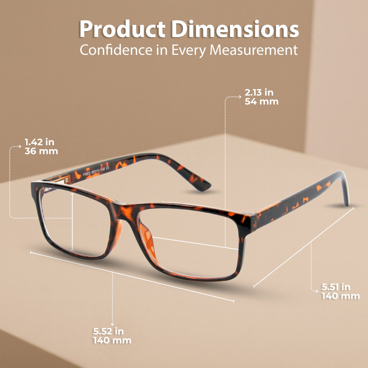 Eyeglasses with dimensions labeled on a beige background
