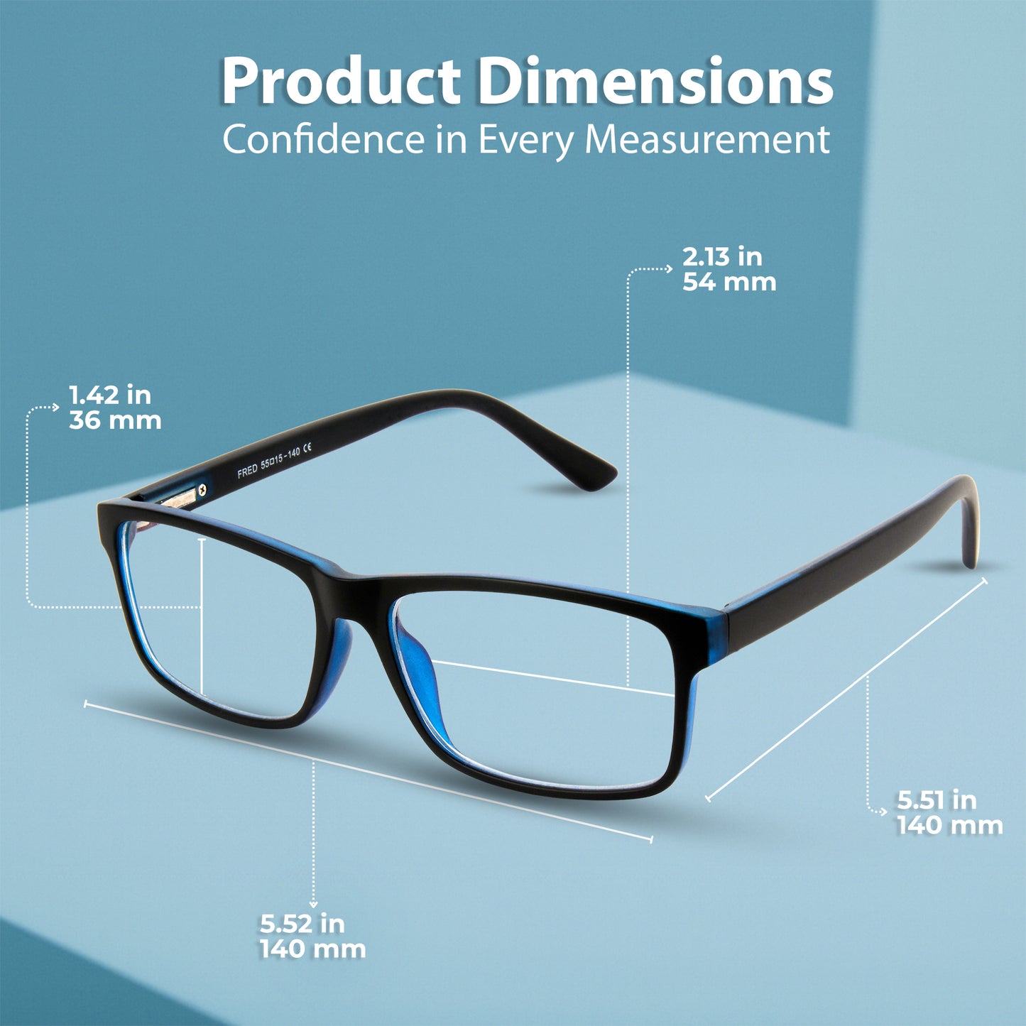 Black eyeglasses with measurements on a blue background
