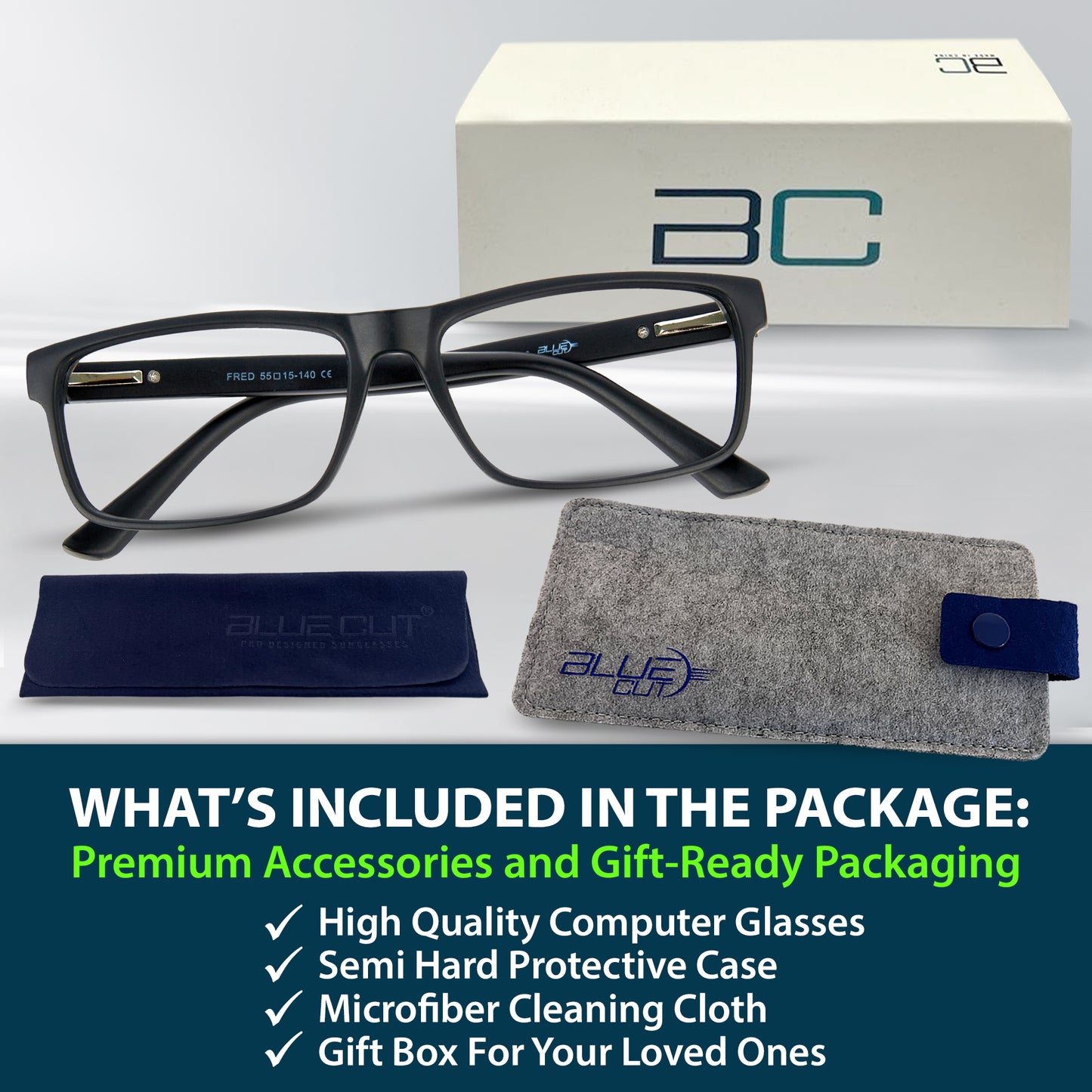 Black glasses with accessories and gift box on a white background